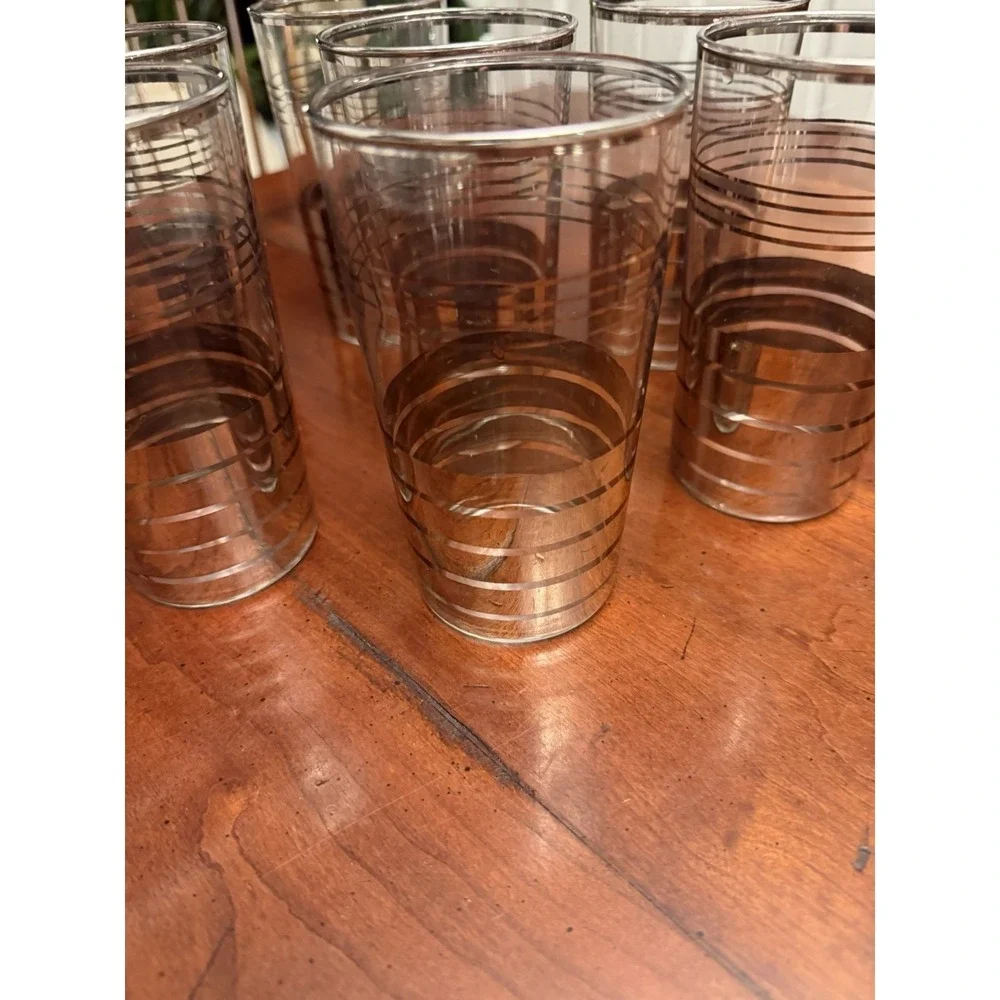 7 Vintage Mid-Century Modern Glass Silver Striped High Ball Tumblers 5 .5 X 2.5